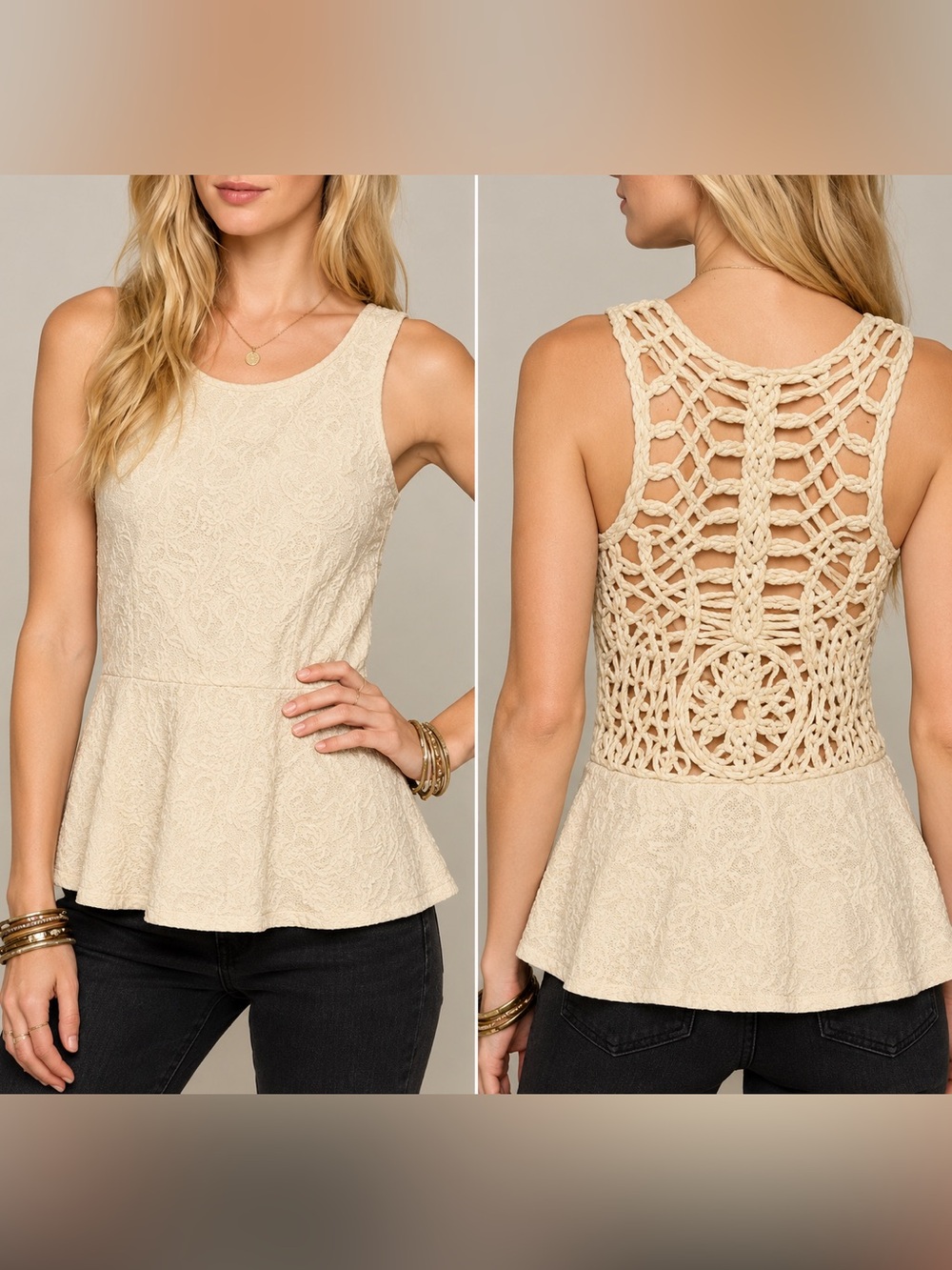 Free People Affairs in Versailles Cream Macramé Peplum Top Size M